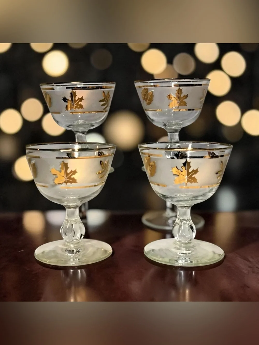 Vintage Set 4 Libbey Starlyte Golden Foliage Cordial Cocktail Champagne Glasses